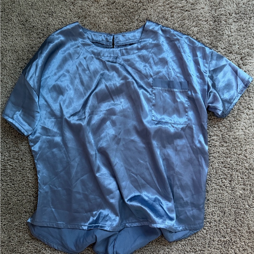 Shiny Blue Satin Top And Bottoms